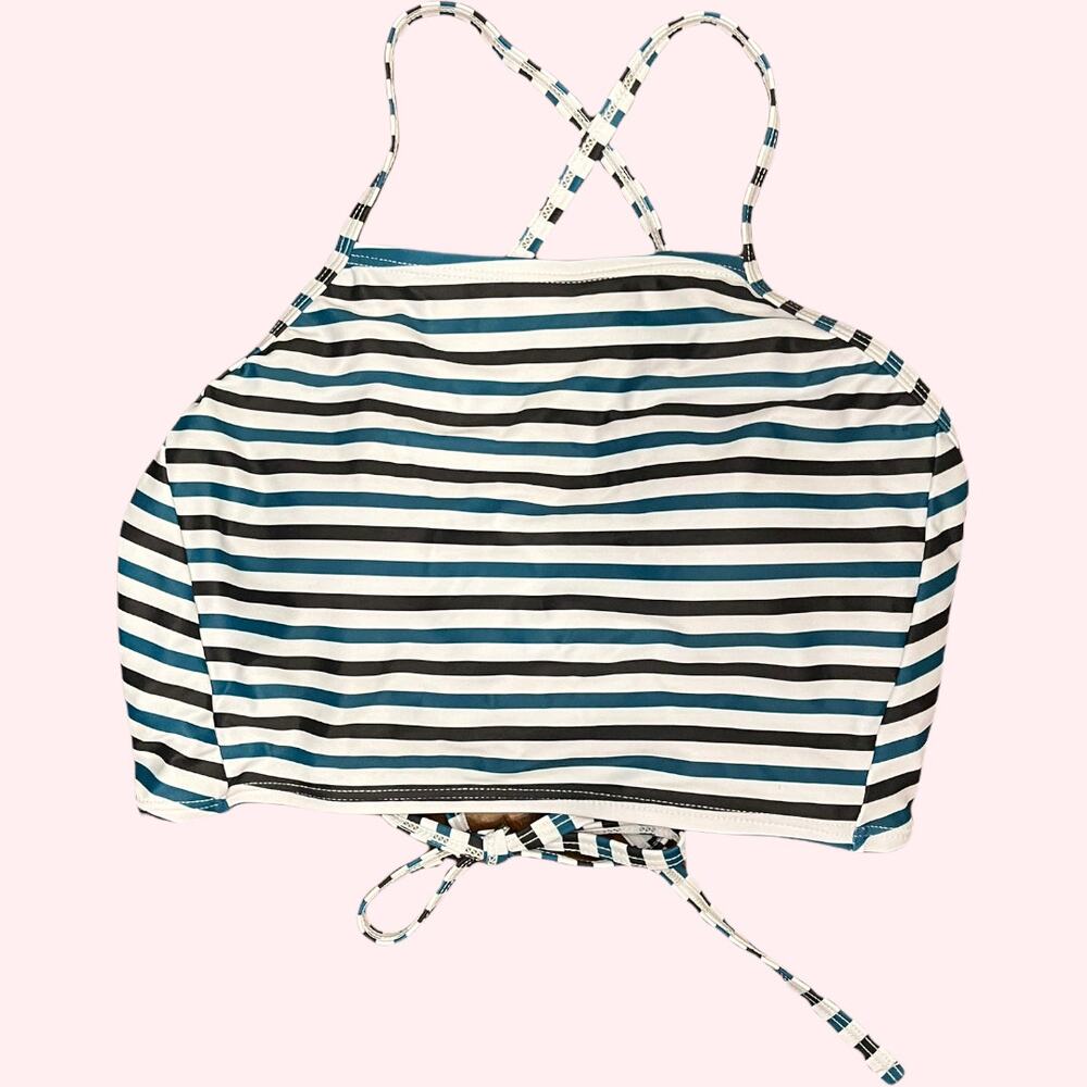 NWOT black, white & green stripes strappy back lace up halter bikini top size XS